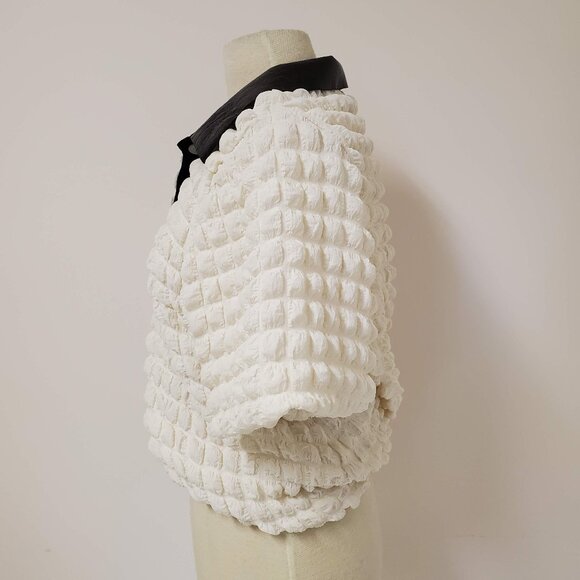 Cream Puffy Bubble Waffle Texture Polo Contrast Collar Top Immi - Picture 4 of 10